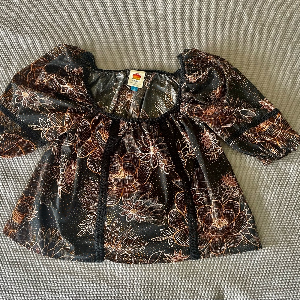 Farm Rio Brown and White Ruffled Blouse with 3/4 Sleeves - Picture 2 of 6